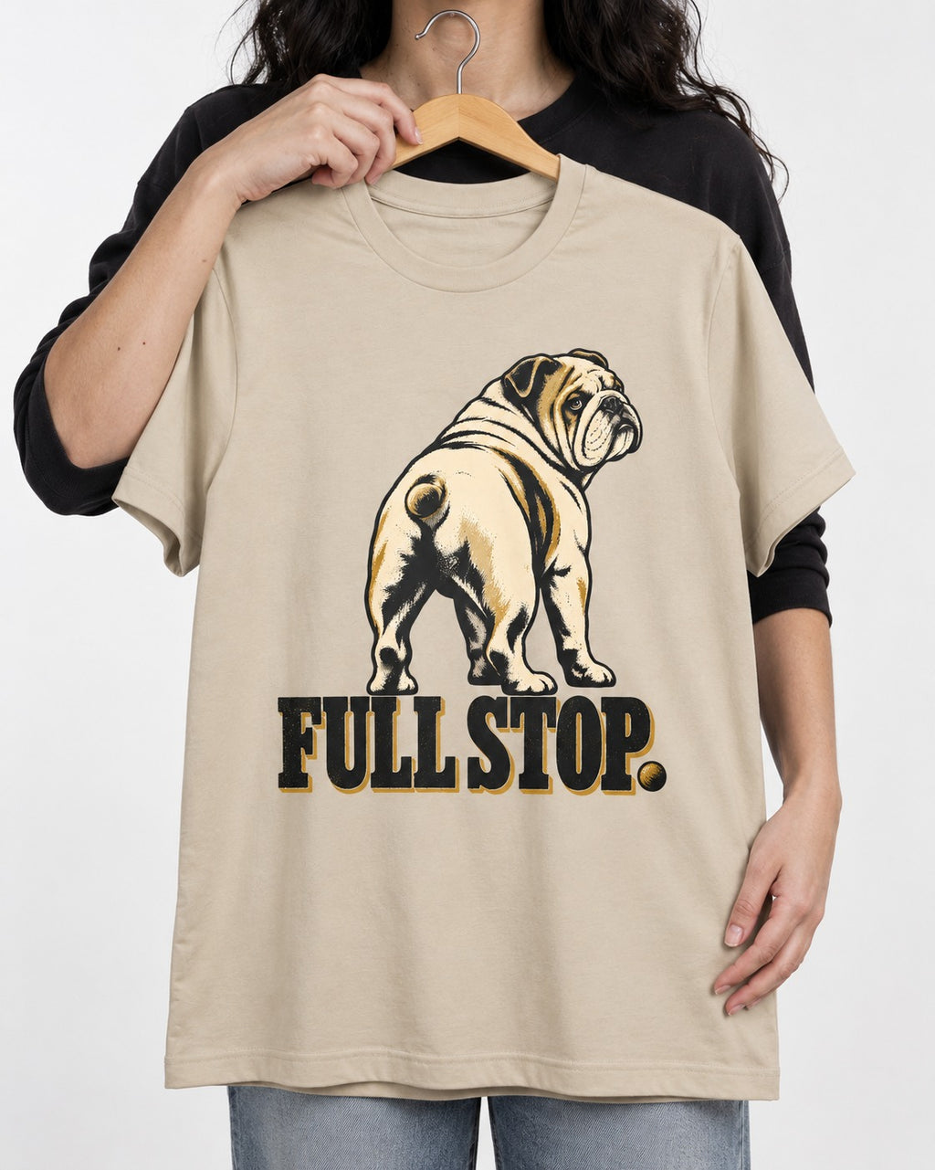 English Bulldog Full Stop T-Shirt in Sand, held up on a hanger