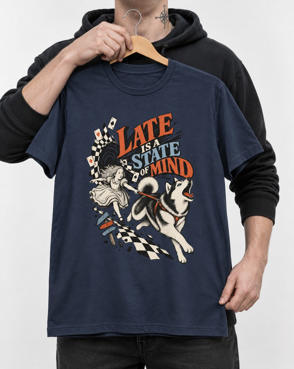 Husky Late Is a State of Mind Wonderland Chase Graphic T-Shirt in Navy, held up on a hanger