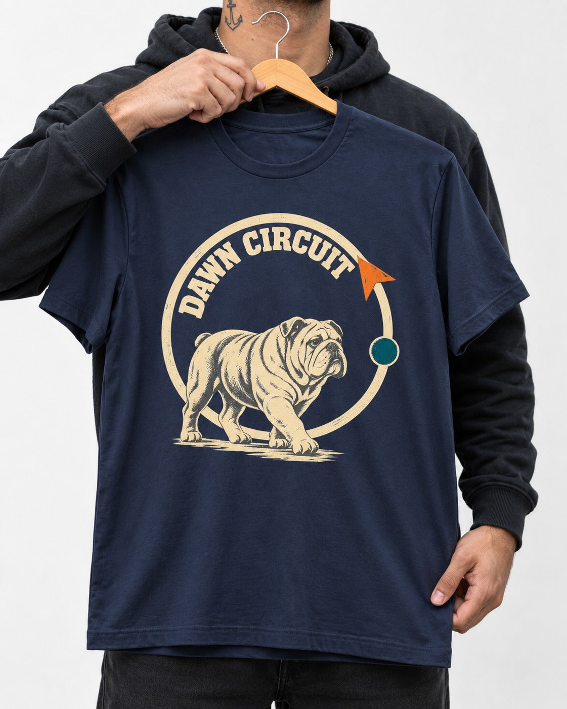 English Bulldog Dawn Circuit Emblem T-Shirt in Navy, held up on a hanger