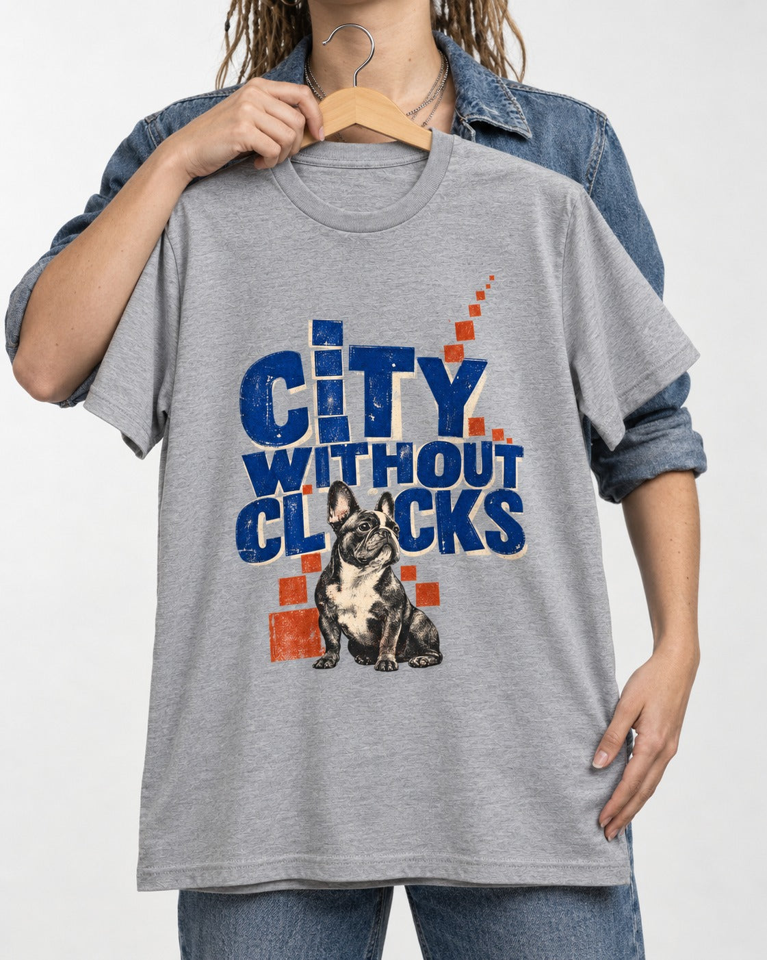 Frenchie's City Without Clocks T-Shirt in Sport Grey, held up on a hanger