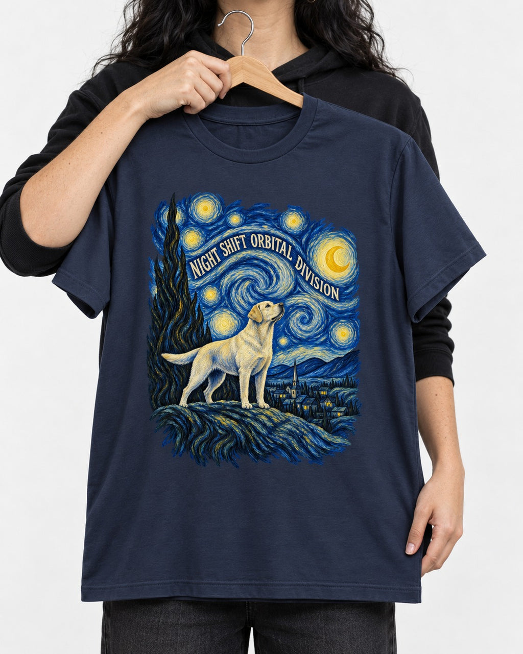 Labrador Retriever Night Shift Orbital Division Starry Night Graphic T-Shirt in Navy, held up on a hanger
