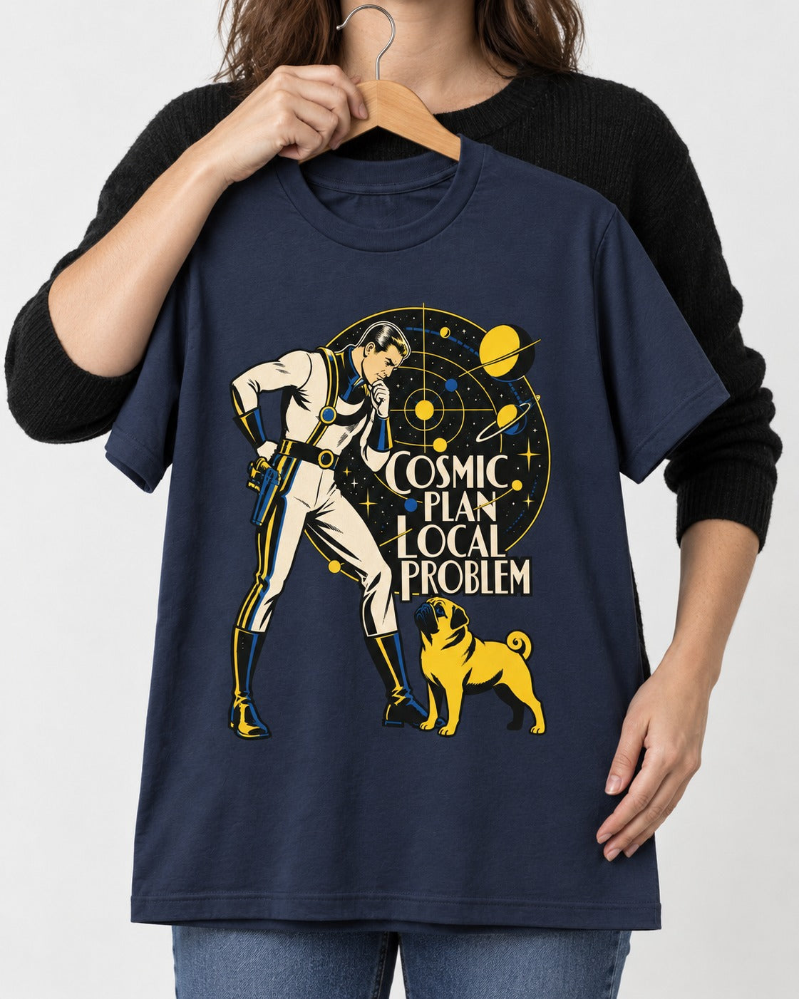 Pug Cosmic Plan Local Problem Astronaut Graphic T-Shirt in Navy, held up on a hanger