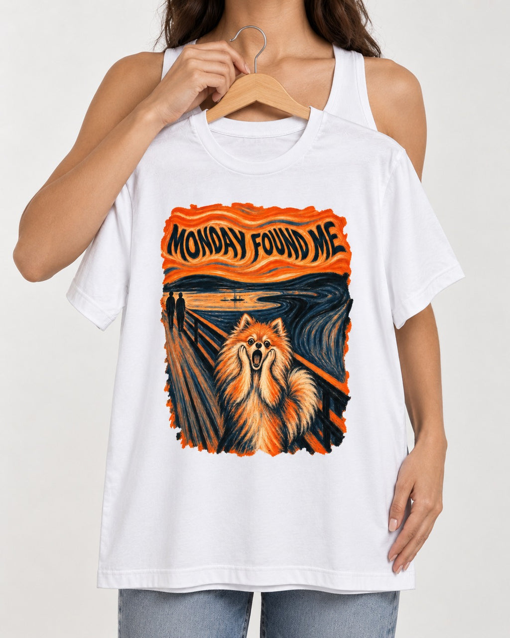 Pomeranian Monday Found Me Scream Parody Graphic T-Shirt in White, held up on a hanger