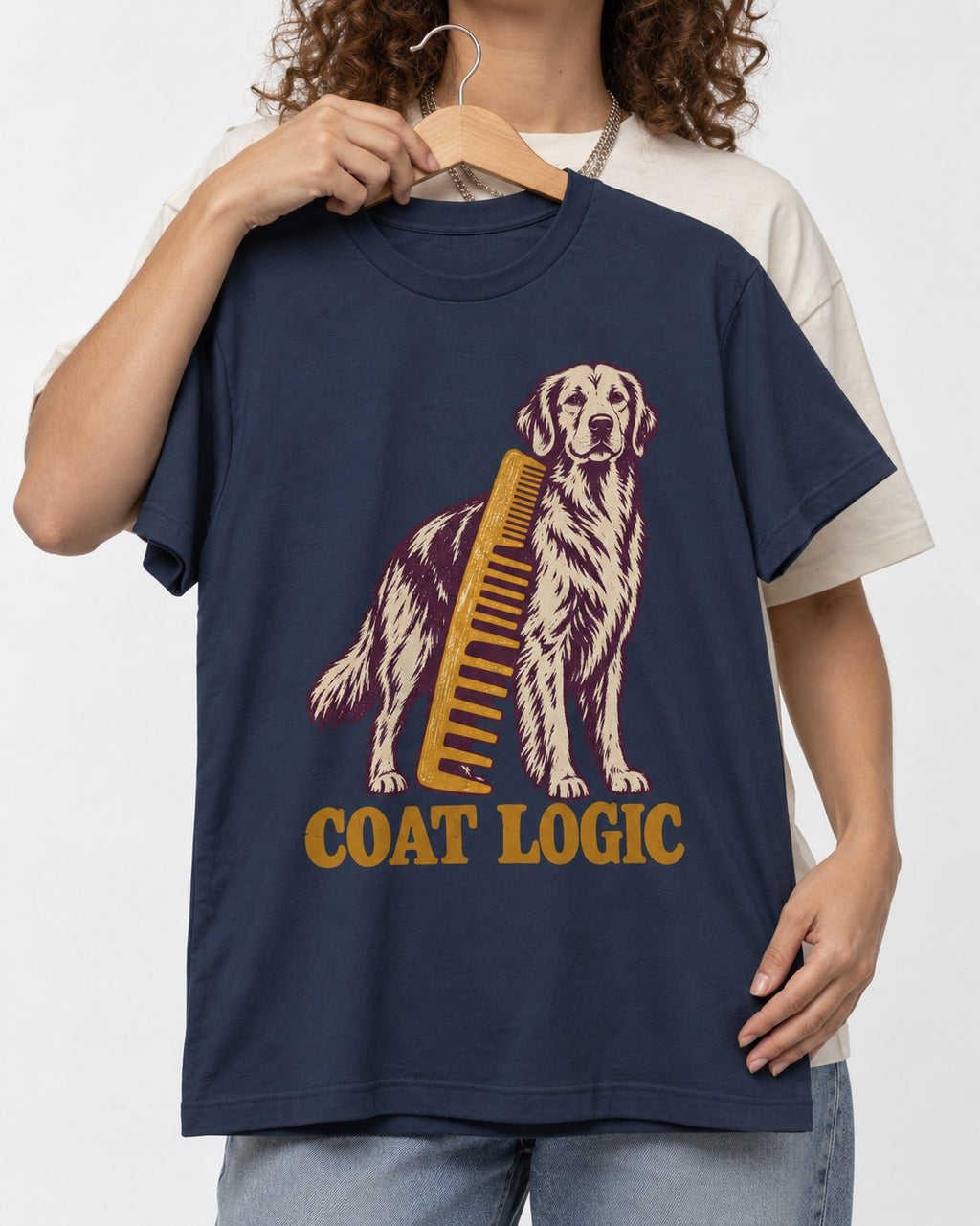 Golden Retriever Coat Logic Grooming Gauge Graphic T-Shirt in Navy, held up on a hanger