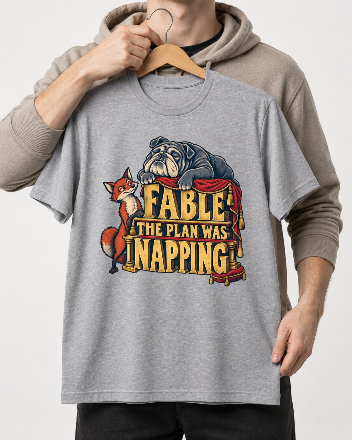 English Bulldog The Plan Was Napping T-Shirt in Sport Grey, held up on a hanger