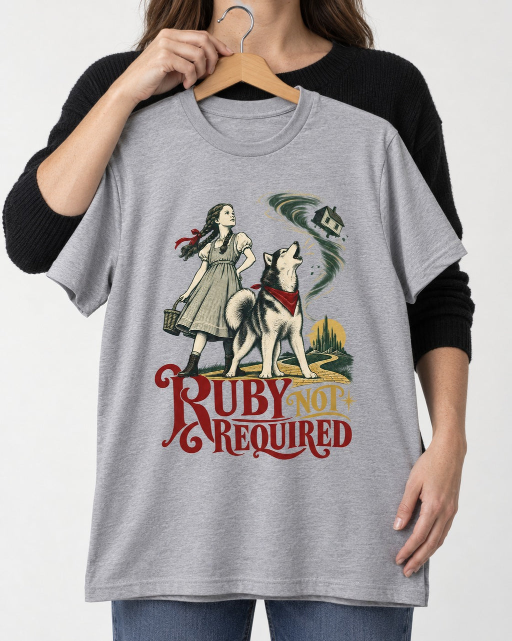 Ruby Not Required for Husky T-Shirt in Sport Grey, held up on a hanger