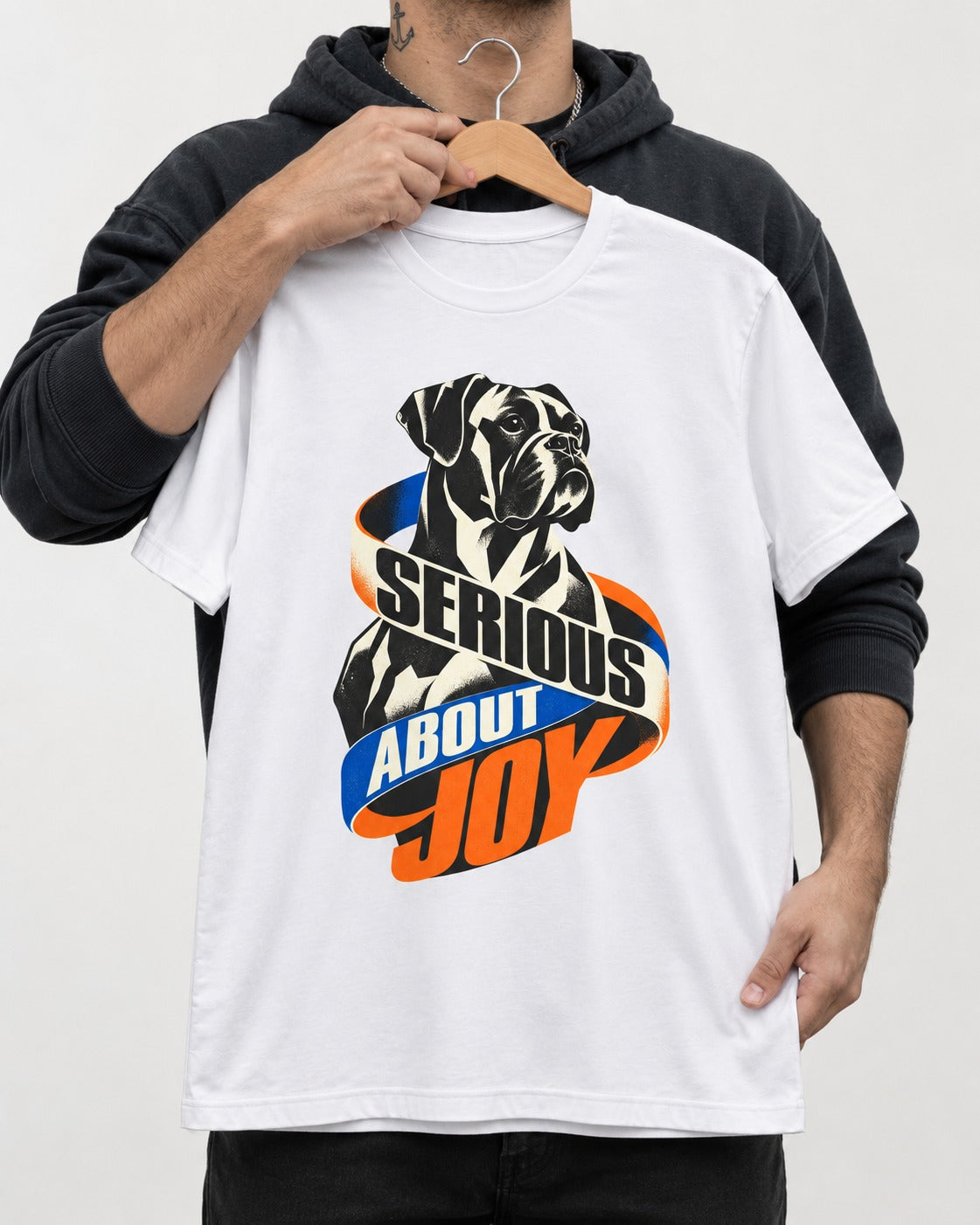 Boxer Serious About Joy T-Shirt in White, held up on a hanger