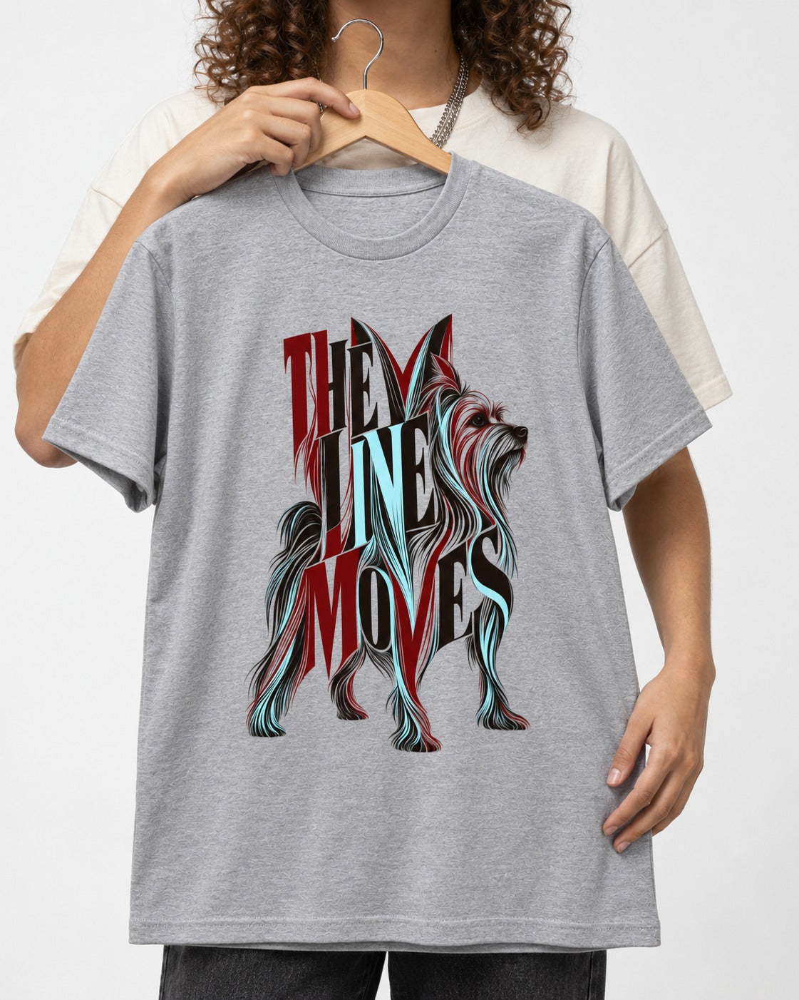 The One Moves Yorkshire Terrier T-Shirt in Sport Grey, held up on a hanger