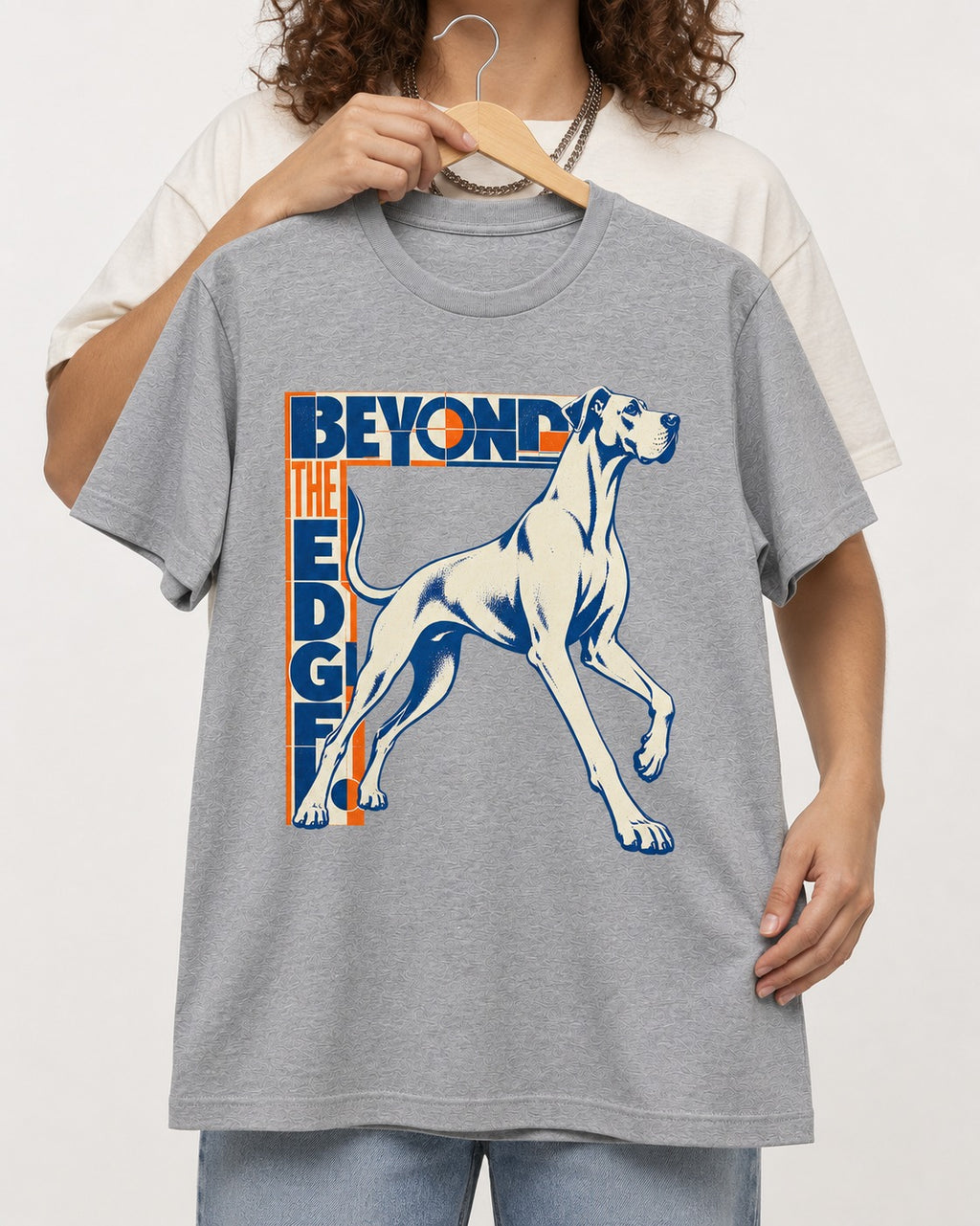 Great Dane Beyond the Edge T-Shirt in Sport Grey, held up on a hanger