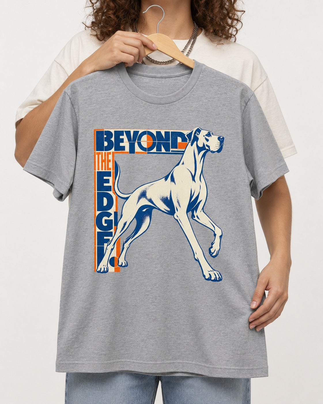 Great Dane Beyond the Edge T-Shirt in Sport Grey, held up on a hanger