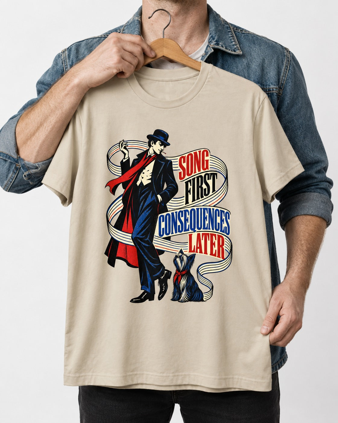 Yorkshire Terrier Song First Consequences Later T-Shirt in Sand, held up on a hanger