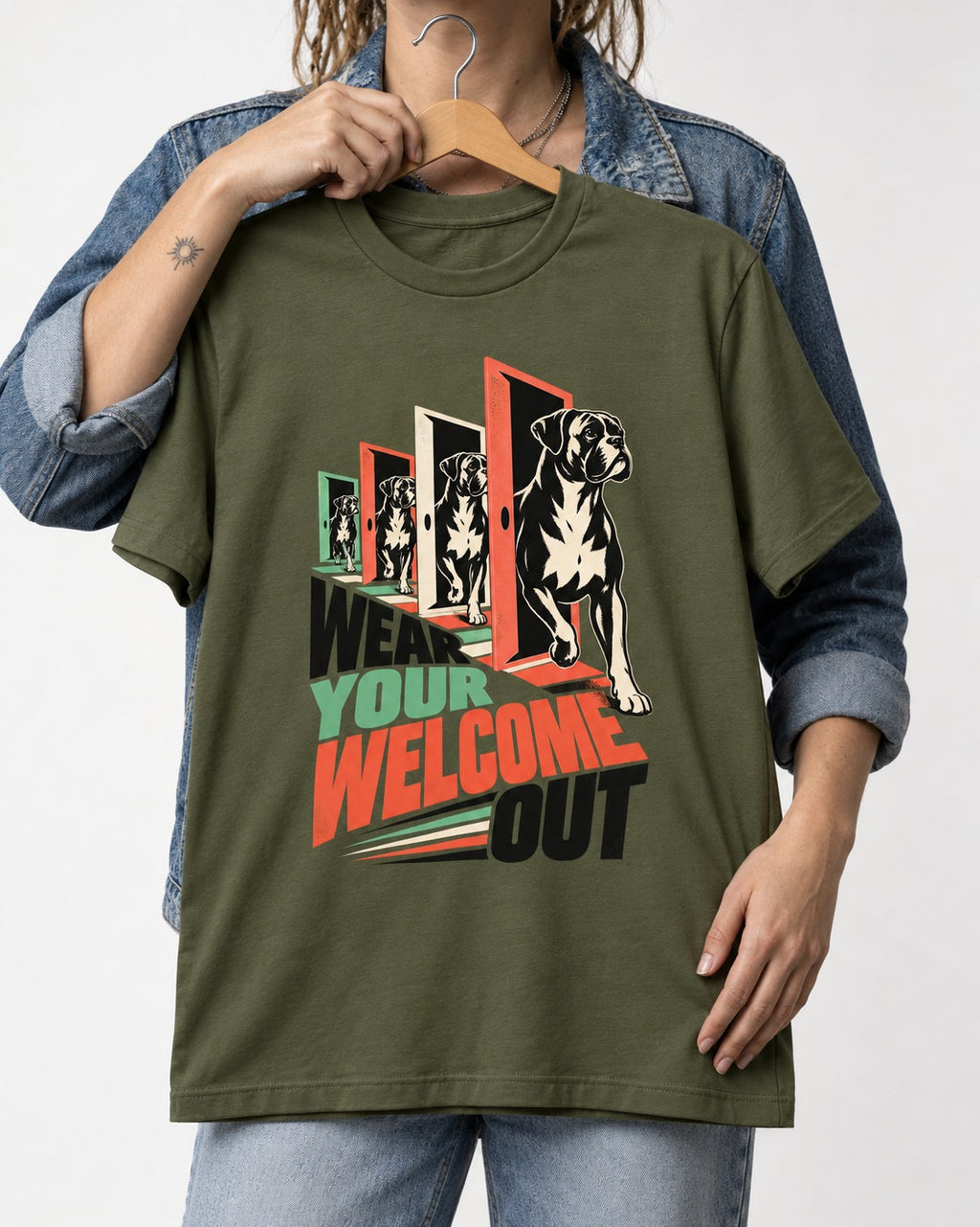 Wear Your Welcome Out Boxer Doorway Progression Graphic T-Shirt in Heather Military Green, held up on a hanger
