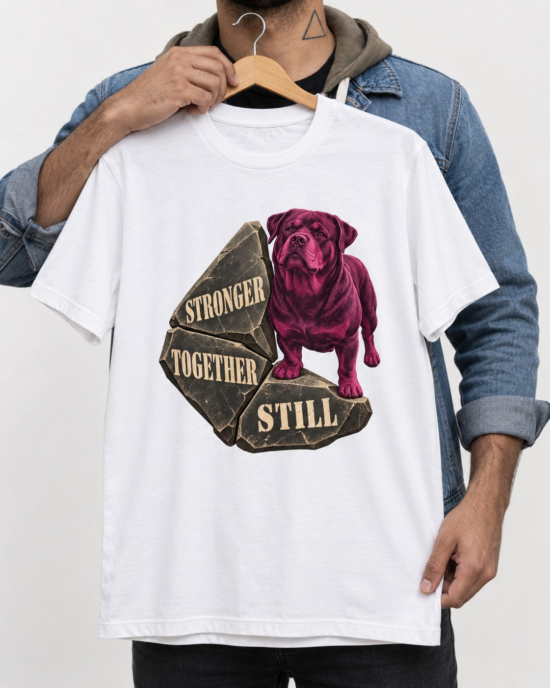 Rottweiler Stronger Together Still Foundation Stone Graphic T-Shirt in White, held up on a hanger