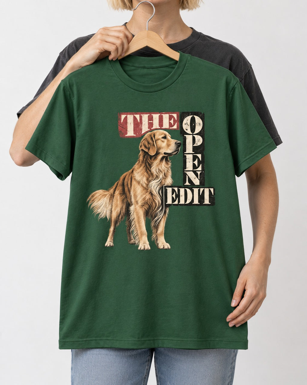 Golden Retriever The Open Edit Typography Portrait Graphic T-Shirt in Forest Green, held up on a hanger