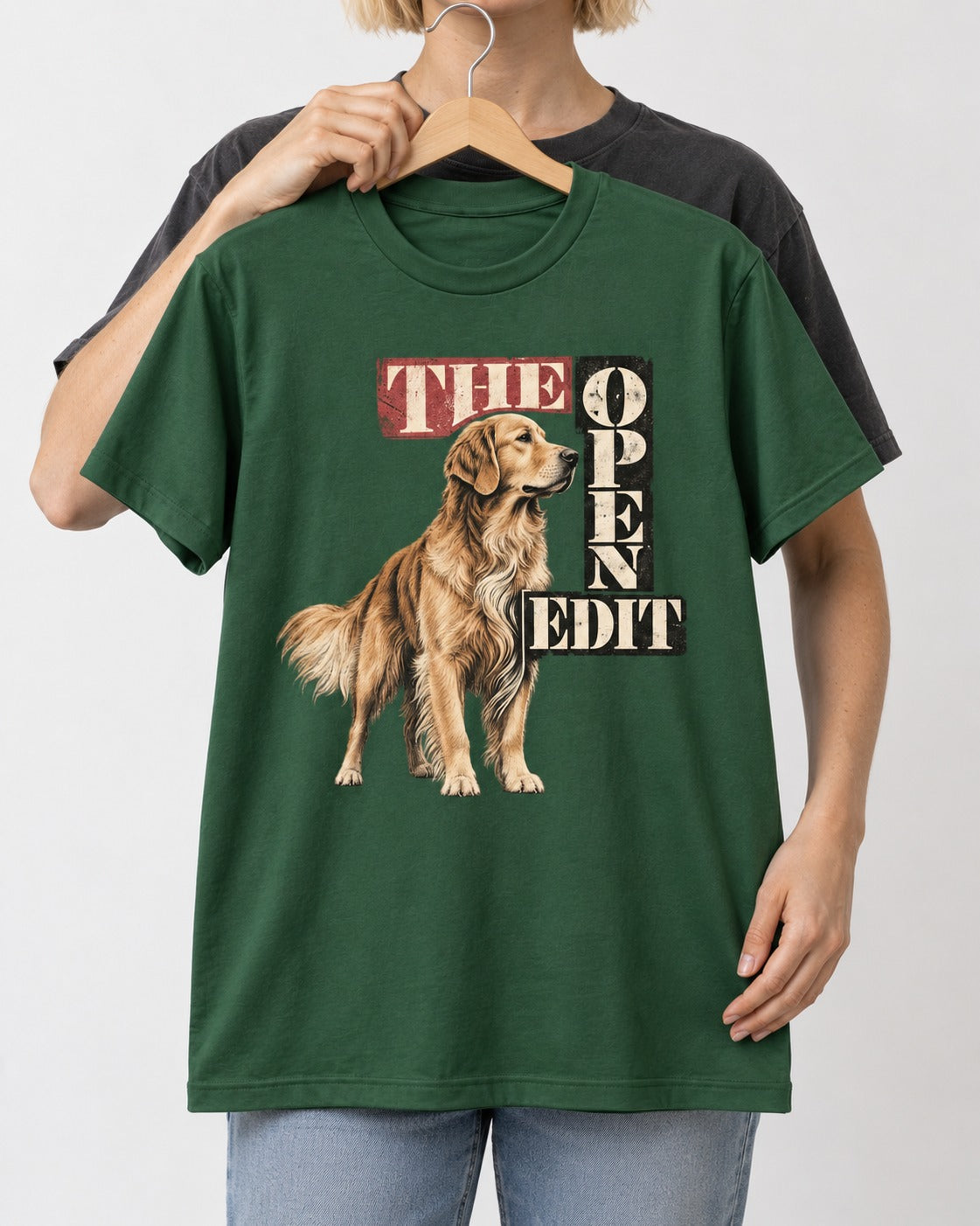 Golden Retriever The Open Edit Typography Portrait Graphic T-Shirt in Forest Green, held up on a hanger