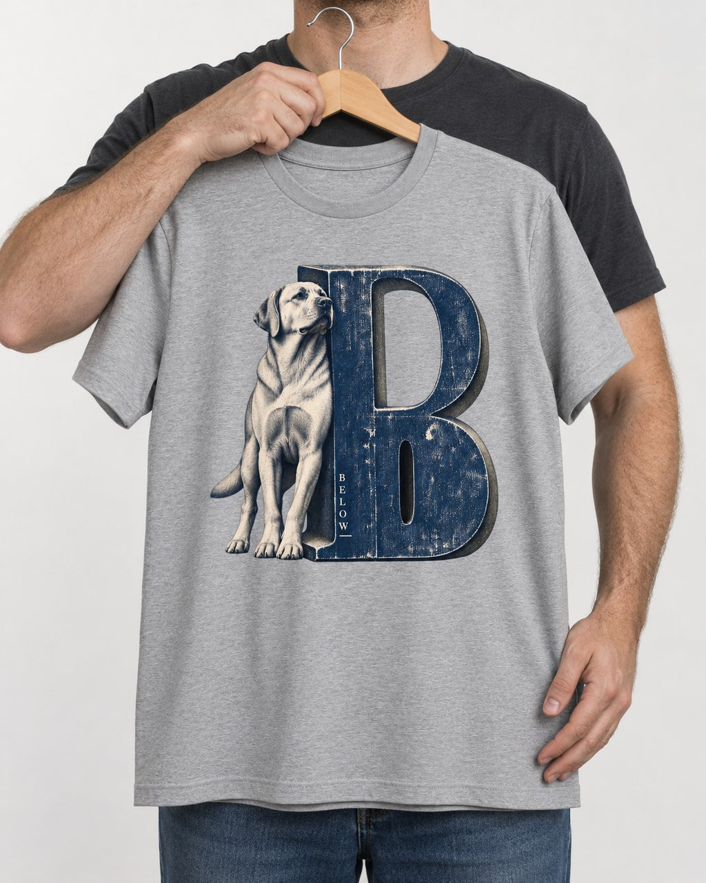 Labrador Retriever Below T-Shirt in Sport Grey, held up on a hanger