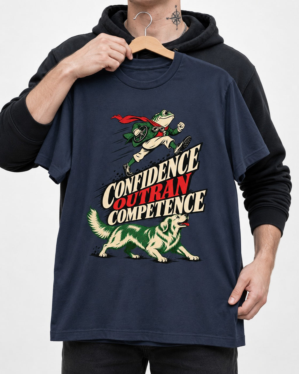 Golden Retriever Confidence Outran Competence Racing Graphic T-Shirt in Navy, held up on a hanger