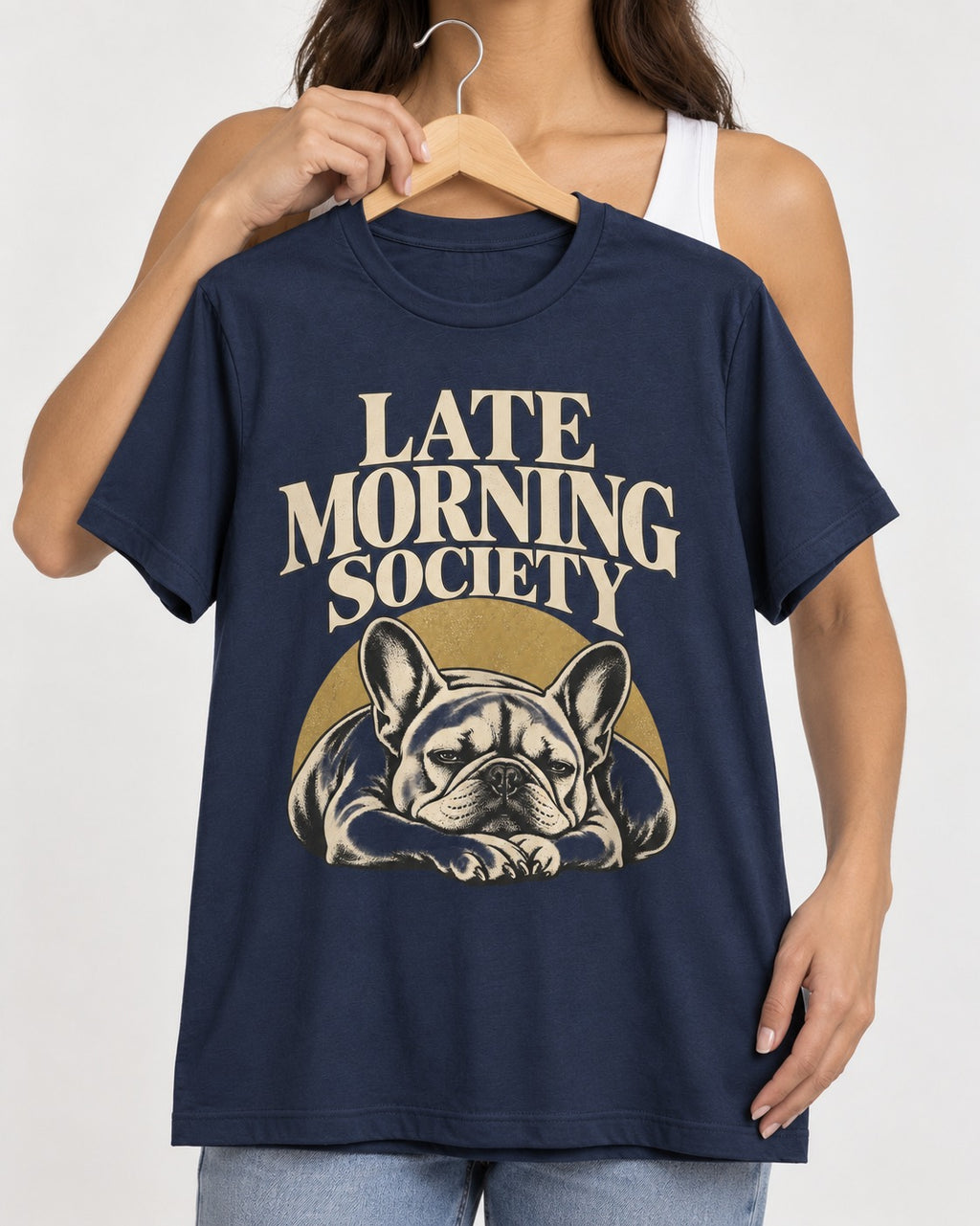 Frenchie Late Morning Society Graphic T-Shirt in Navy, held up on a hanger
