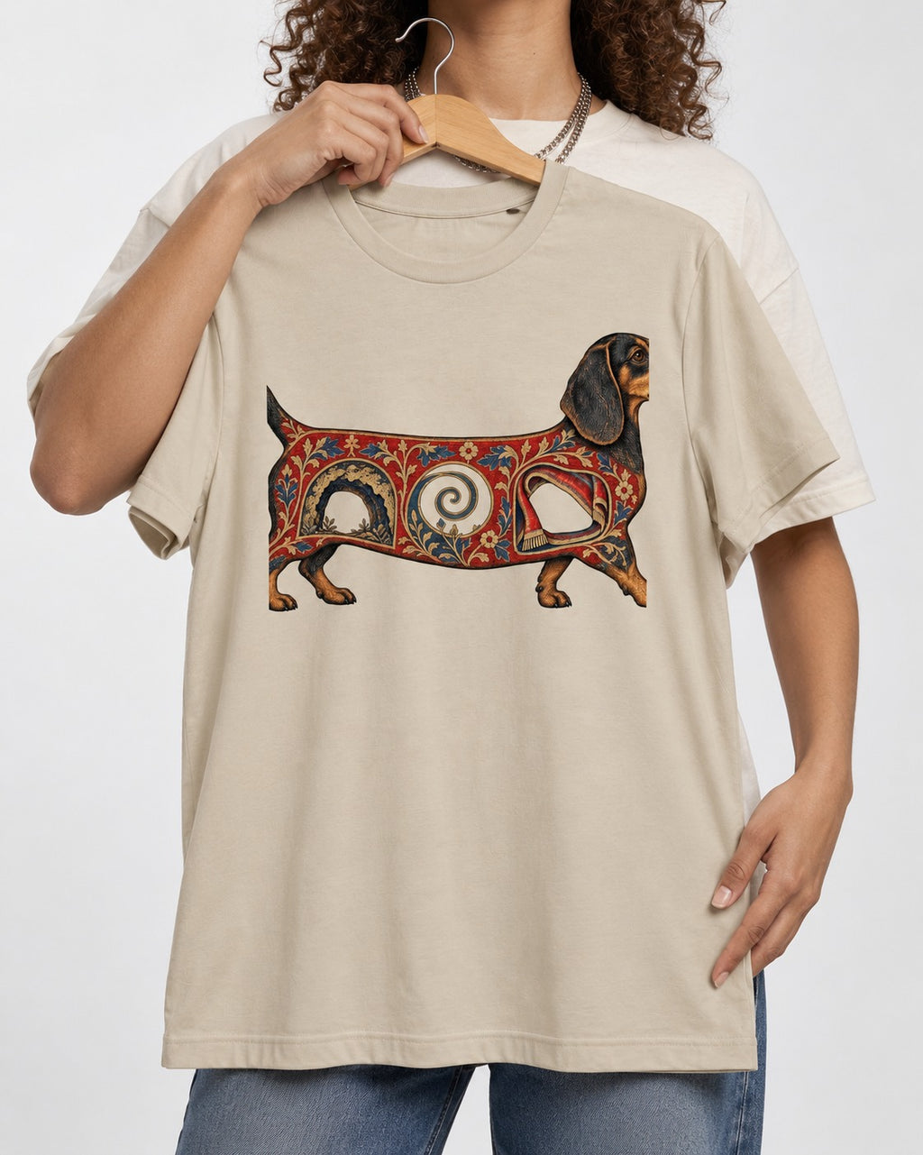 Dachshund Ever After T-Shirt in Sand, held up on a hanger