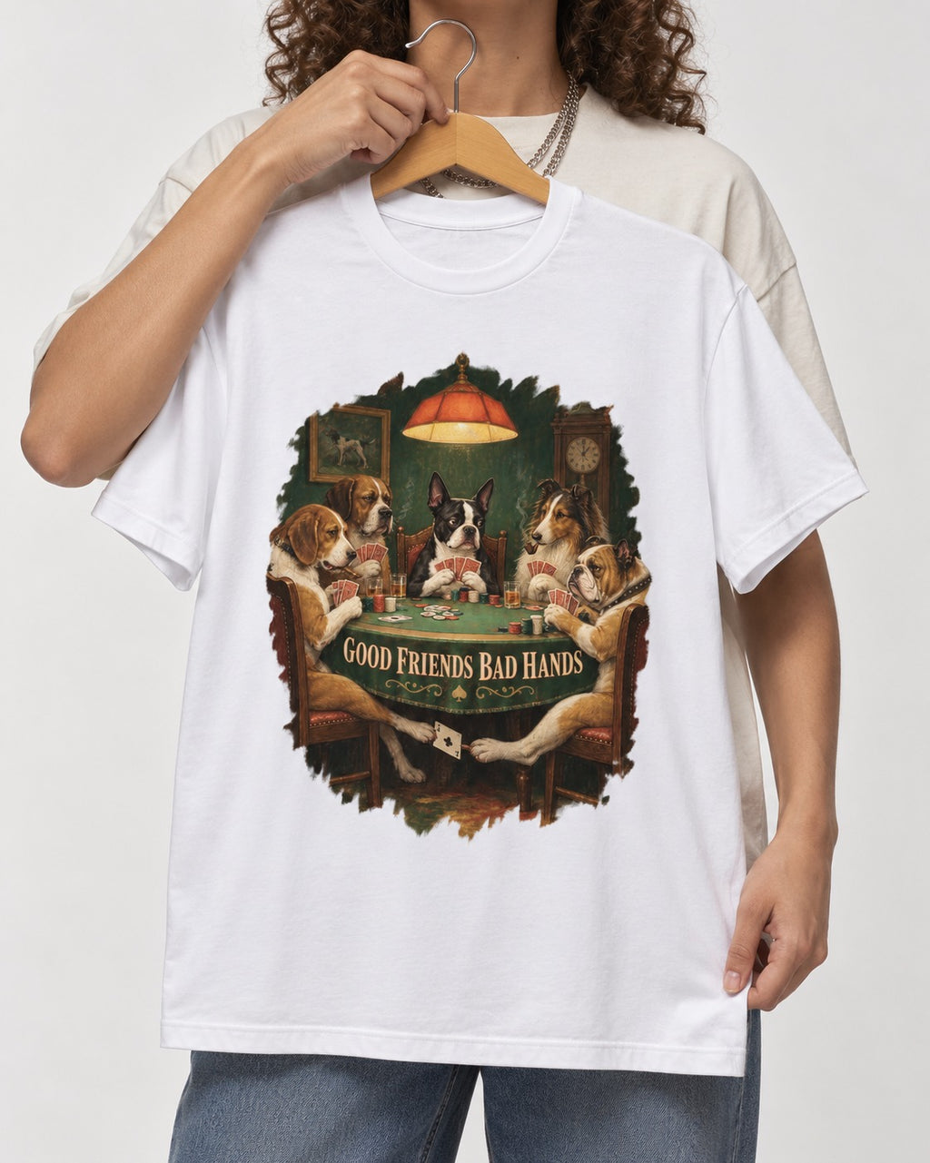 Good Friends Bad Hands Boston Terrier Poker Night T-Shirt in White, held up on a hanger