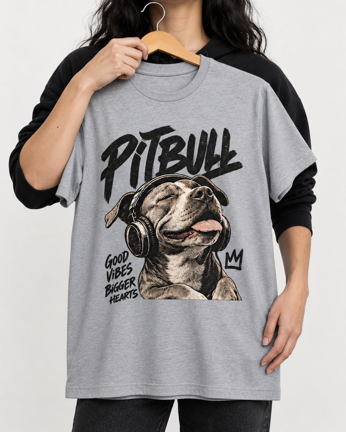Pitbull Good Vibes Bigger Hearts T-Shirt in Sport Grey, held up on a hanger
