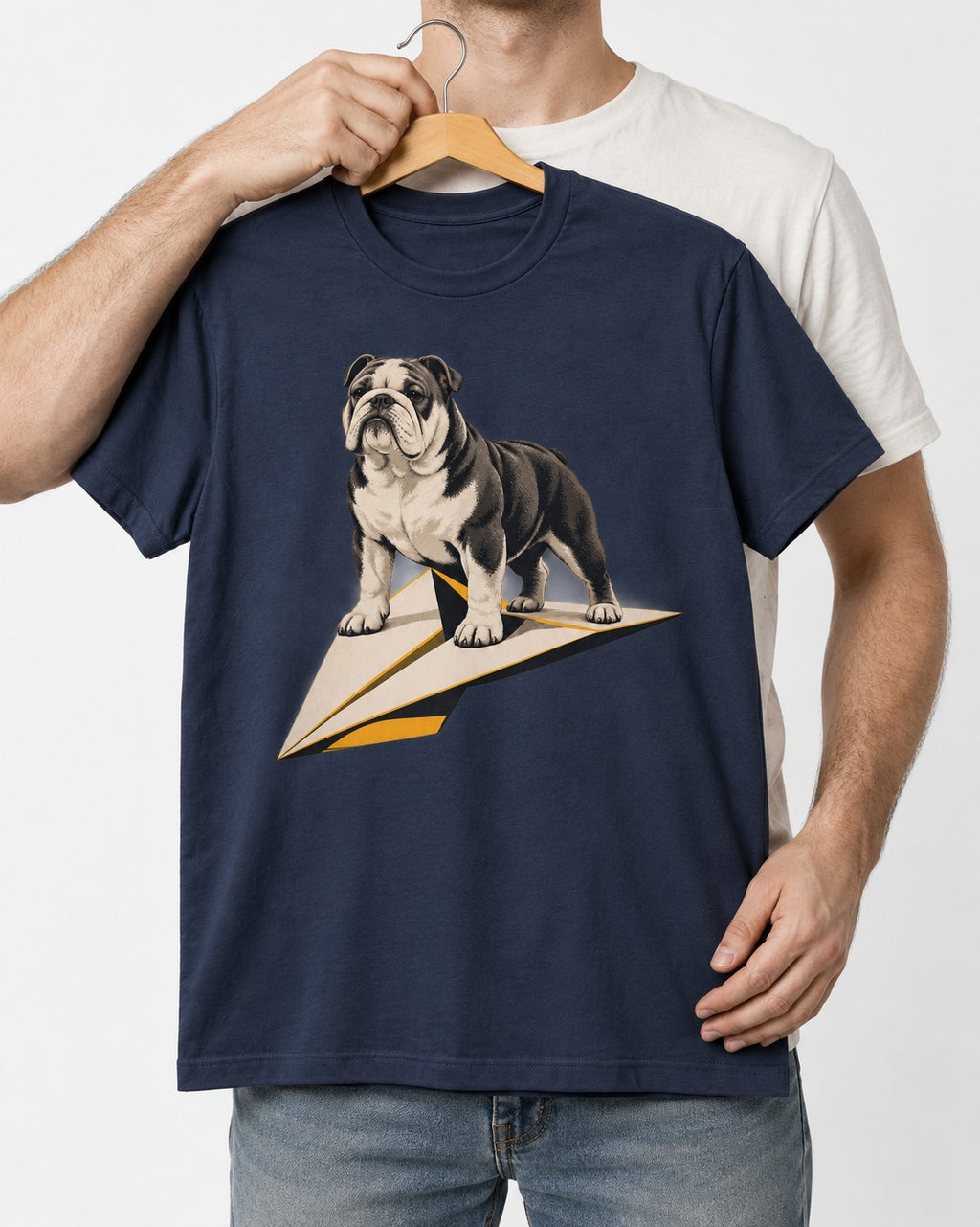 English Bulldog Paper Airplane Graphic T-Shirt in Navy, held up on a hanger