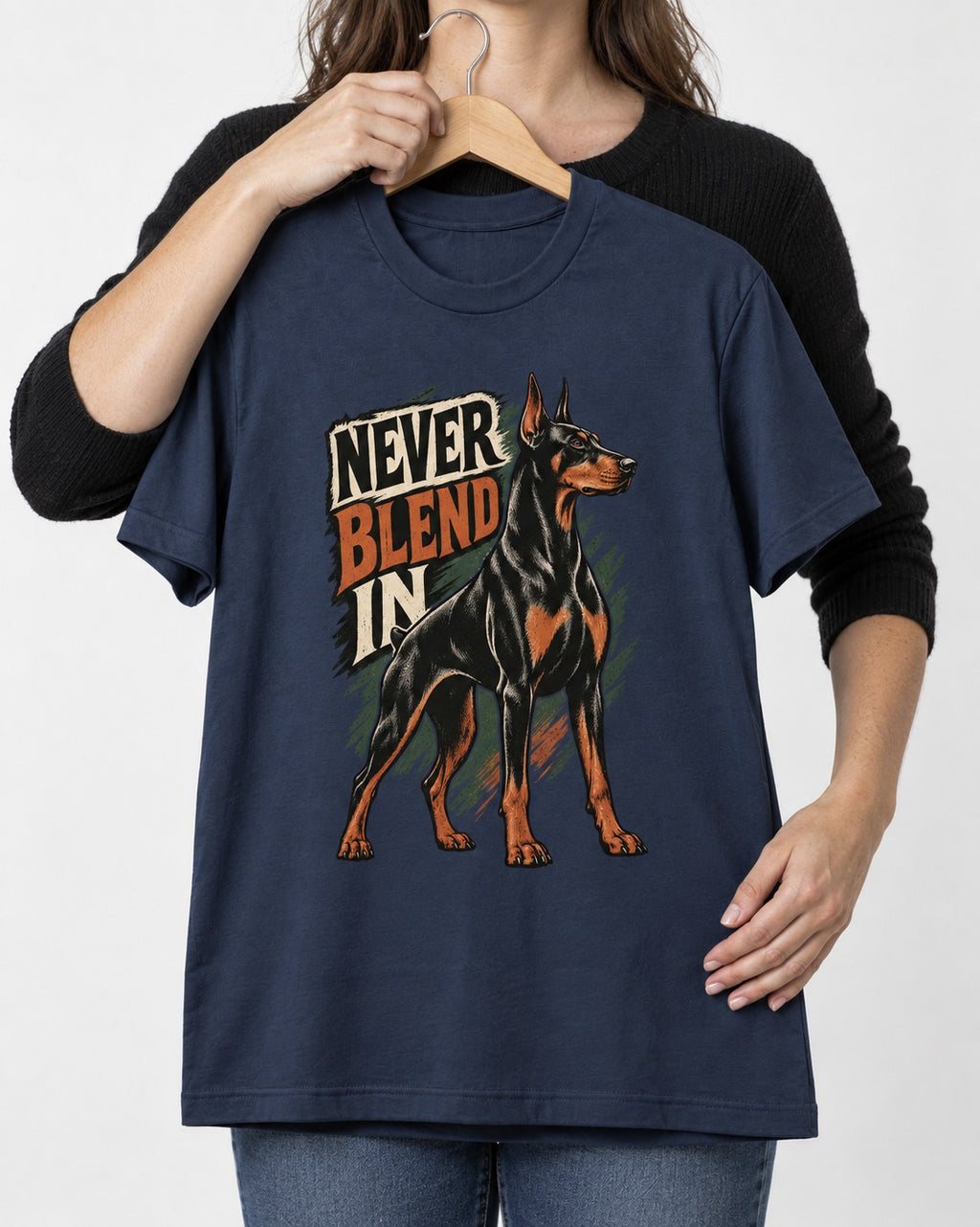 Doberman Never Blend In Brush Graphic T-Shirt in Navy, held up on a hanger