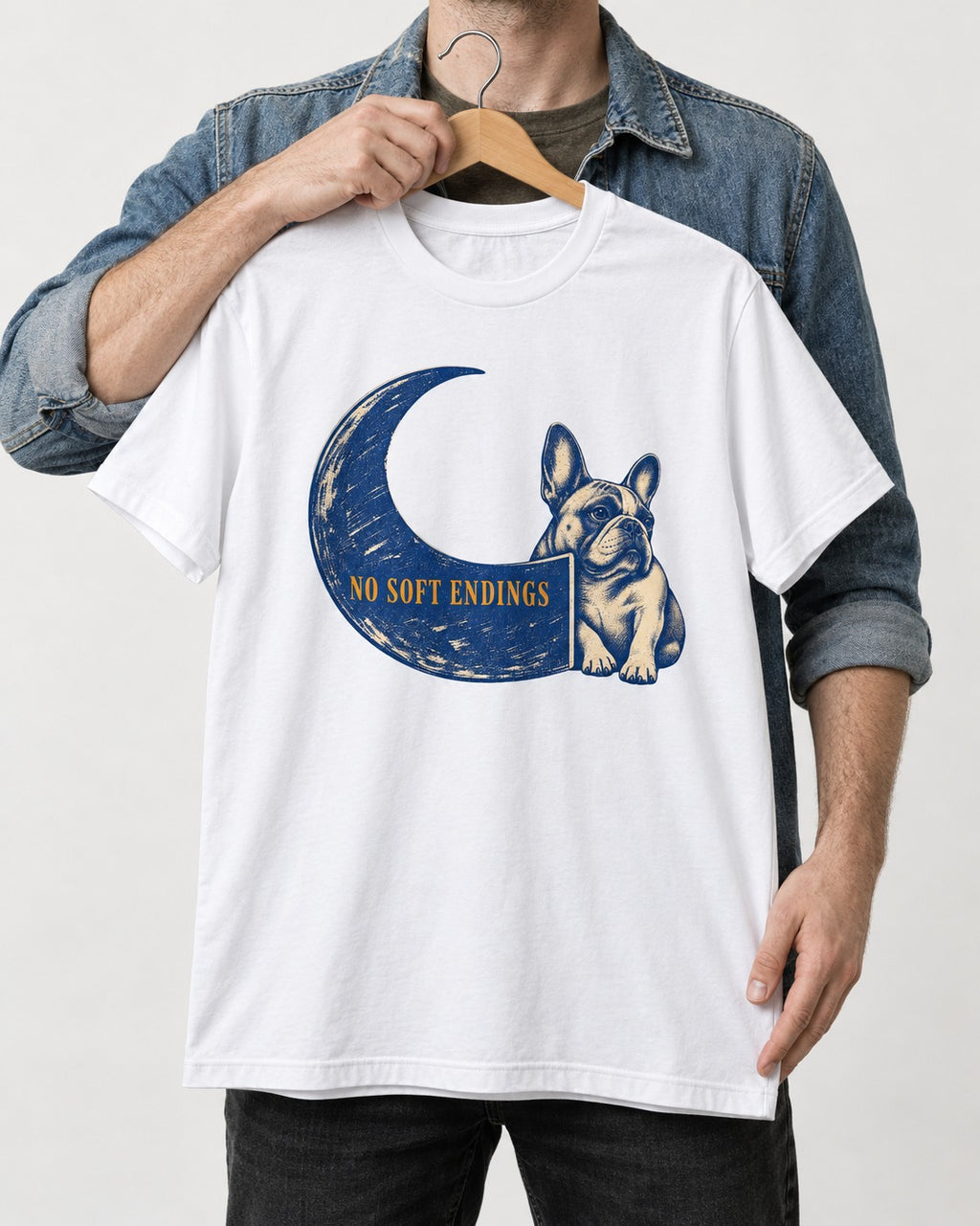 Frenchie No Soft Endings Crescent Graphic T-Shirt in White, held up on a hanger