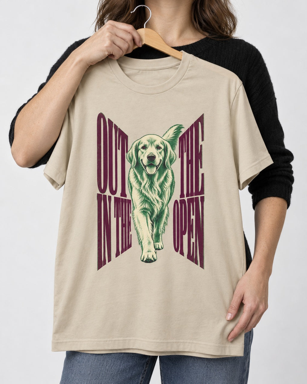 Golden Retriever Out in the Open T-Shirt in Sand, held up on a hanger