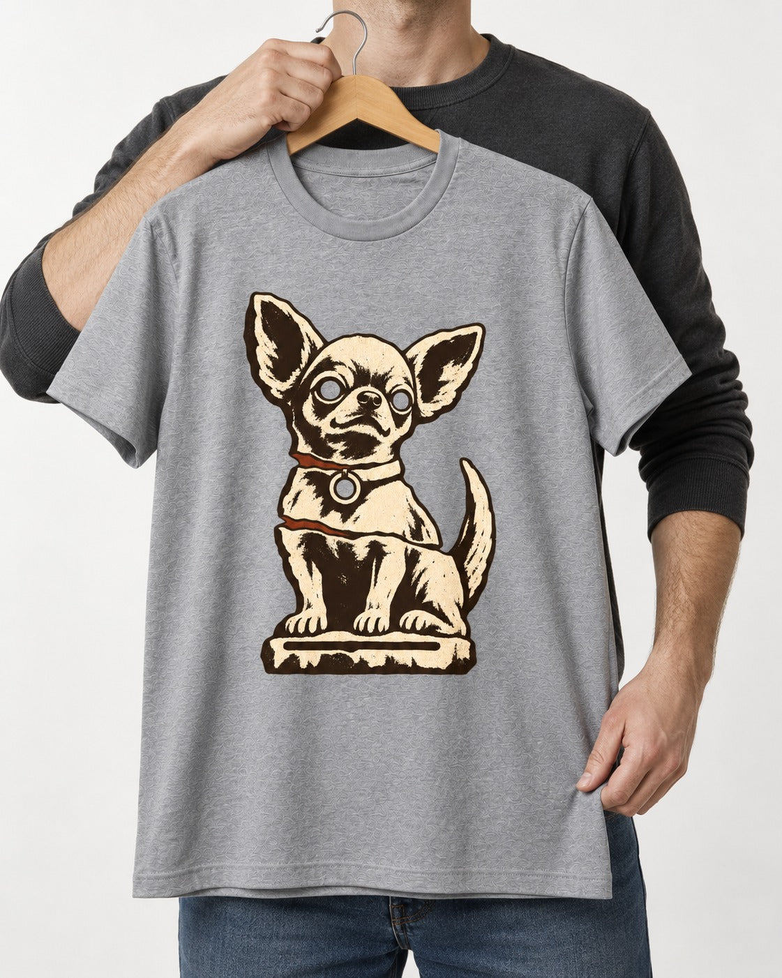 Chihuahua's Eternal Vigil T-Shirt in Sport Grey, held up on a hanger
