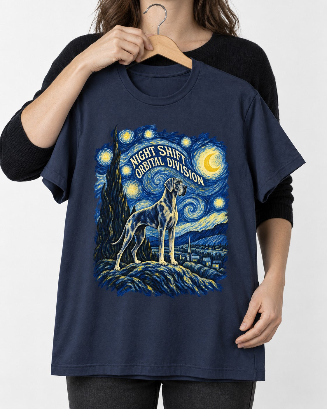 Great Dane Night Shift Orbital Division Starry Sky Graphic T-Shirt in Navy, held up on a hanger