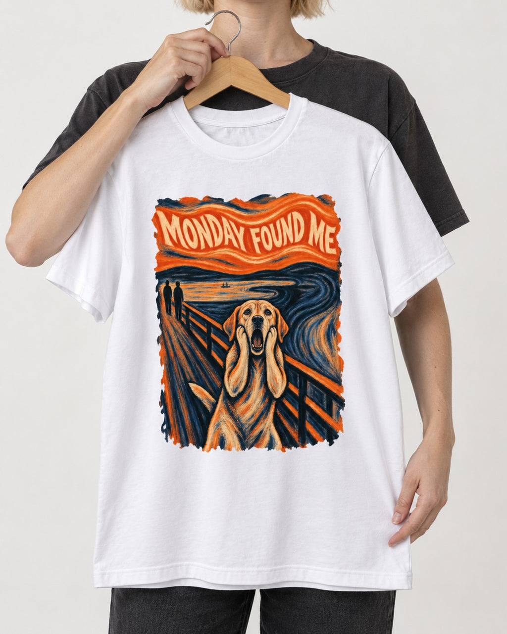 Labrador Retriever Monday Found Me Scream Parody Graphic T-Shirt in White, held up on a hanger