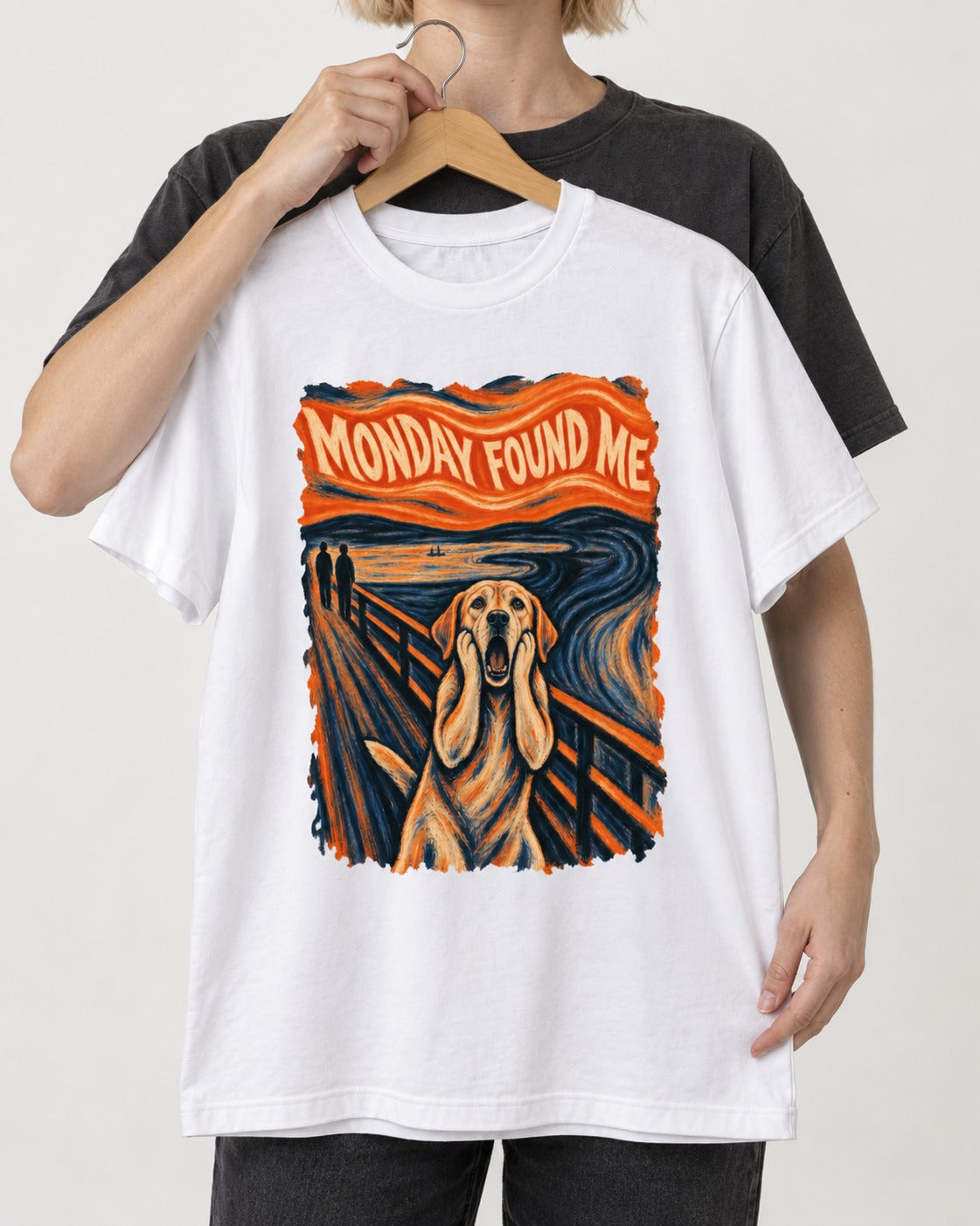 Labrador Retriever Monday Found Me Scream Parody Graphic T-Shirt in White, held up on a hanger