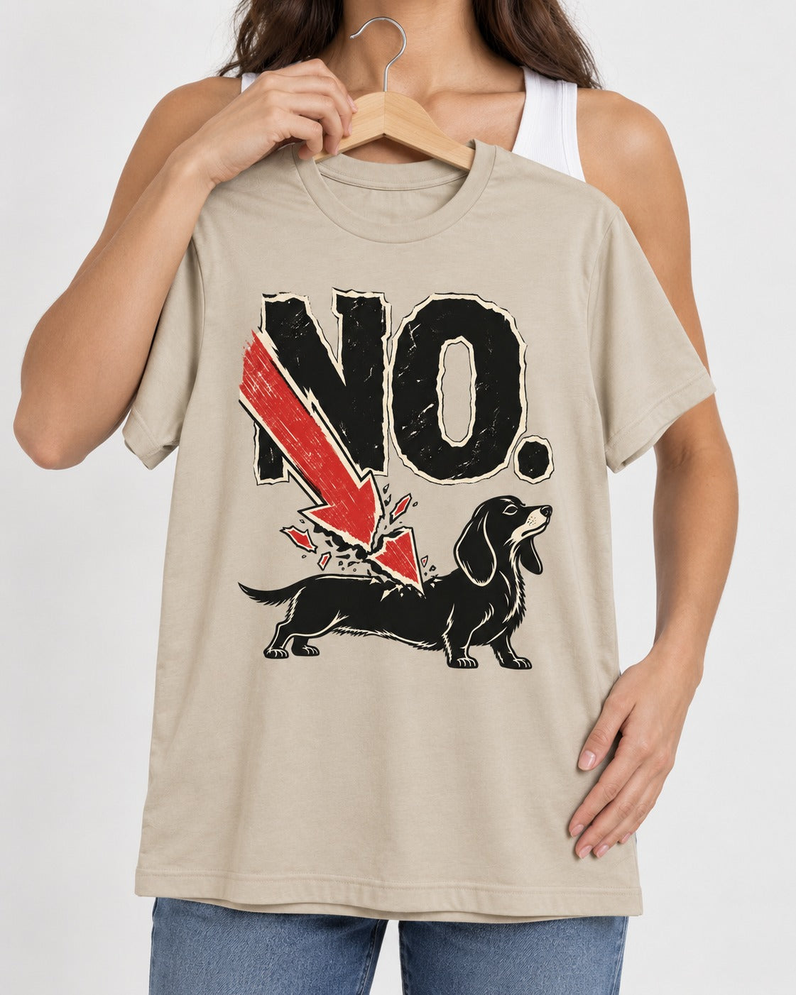 Dachshund Says No T-Shirt in Sand, held up on a hanger