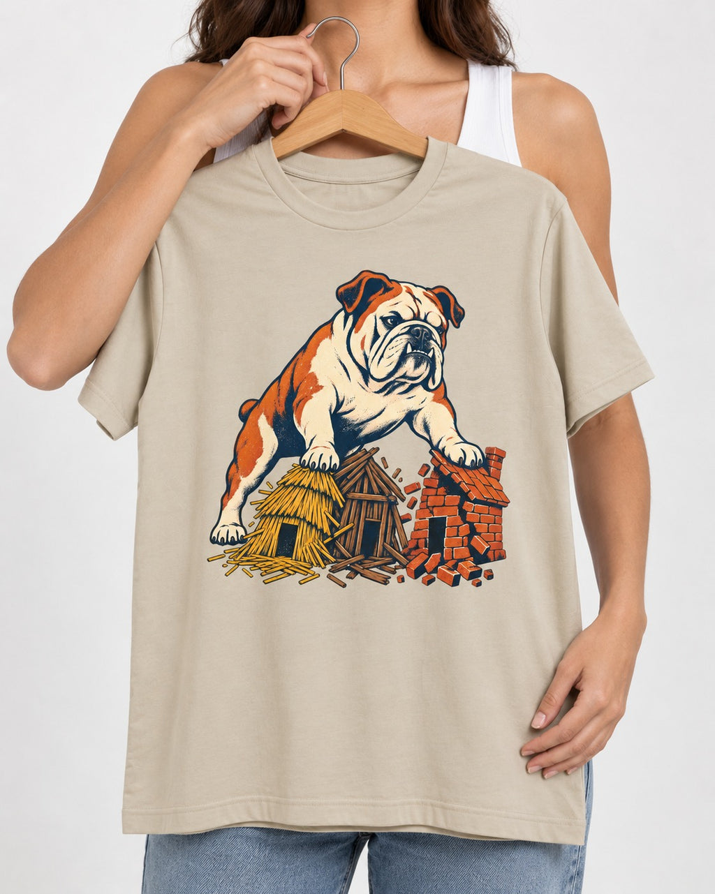 English Bulldog Huff and Puff T-Shirt in Sand, held up on a hanger
