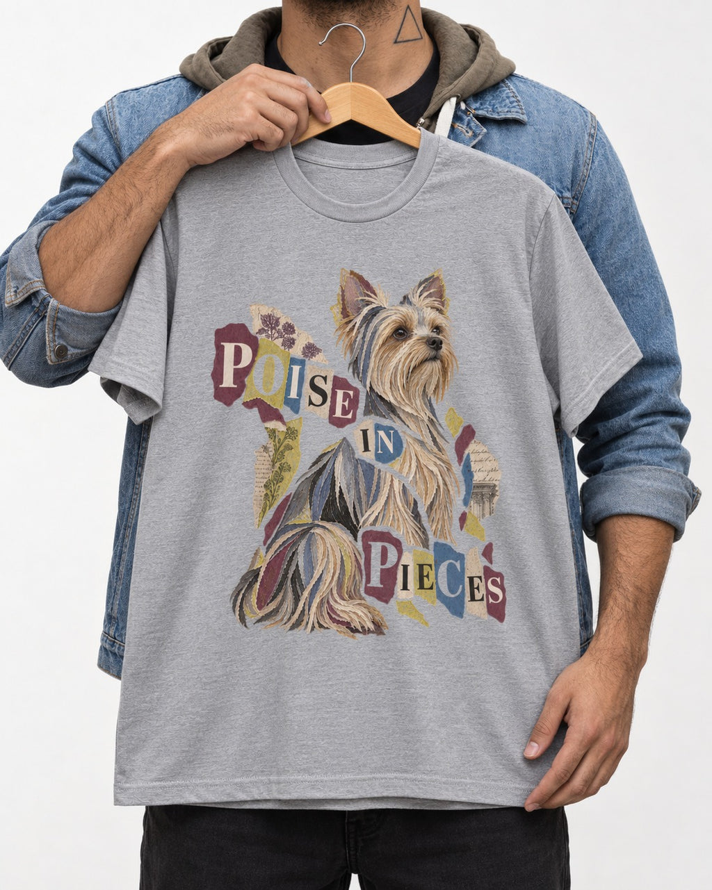 Yorkshire Terrier Poise in Pieces Torn Paper Collage Graphic T-Shirt in Sport Grey, held up on a hanger