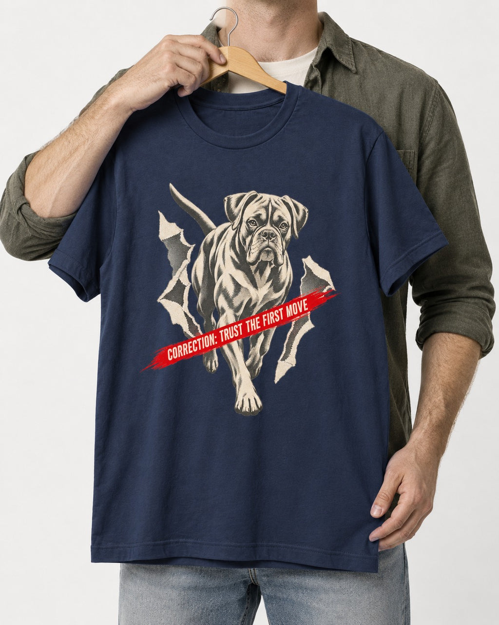 Mastiff Mismatch Boxer Needs Review T-Shirt in Navy, held up on a hanger