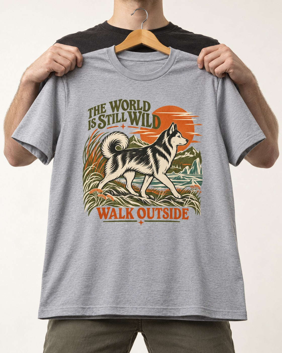Walk Outside with Husky T-Shirt in Sport Grey, held up on a hanger