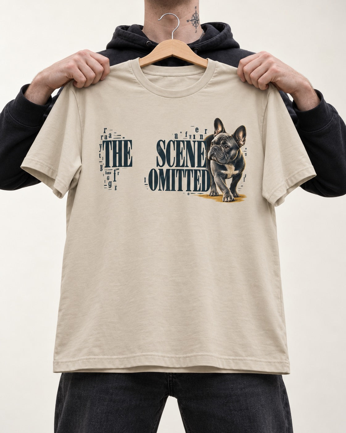 Scene Omitted for Frenchie T-Shirt in Sand, held up on a hanger