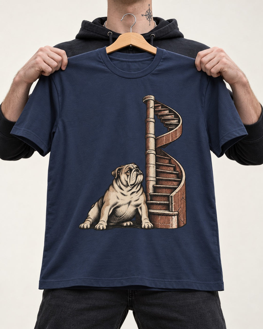 English Bulldog Spiral Staircase Graphic T-Shirt in Navy, held up on a hanger