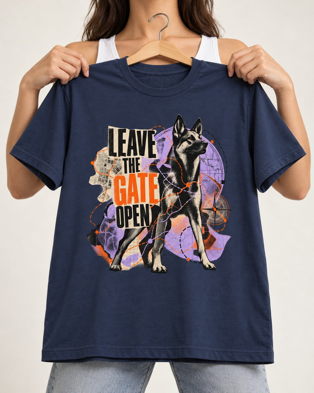 Leave The Gate Open Transit Collage German Shepherd Dog Graphic T-Shirt in Navy, held up on a hanger