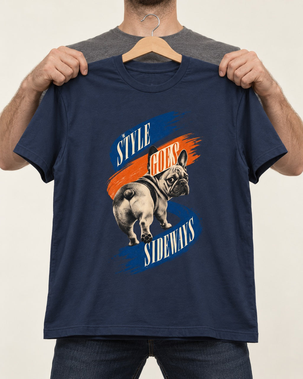Frenchie Style Goes Sideways Graphic T-Shirt in Navy, held up on a hanger