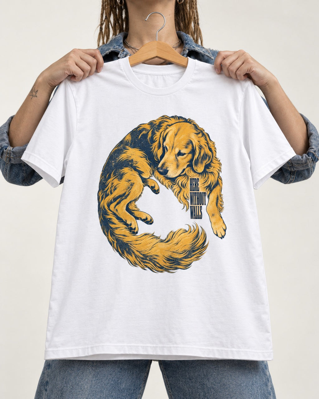 Golden Retriever Here Without Walls Curled Portrait Graphic T-Shirt in White, held up on a hanger