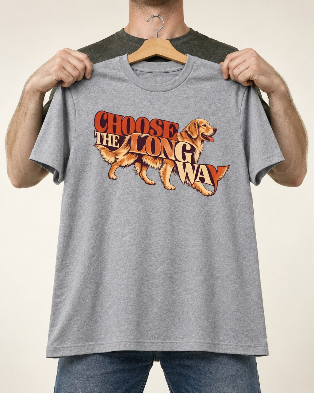 Golden Retriever Choose The Long Way Retro Graphic T-Shirt in Sport Grey, held up on a hanger