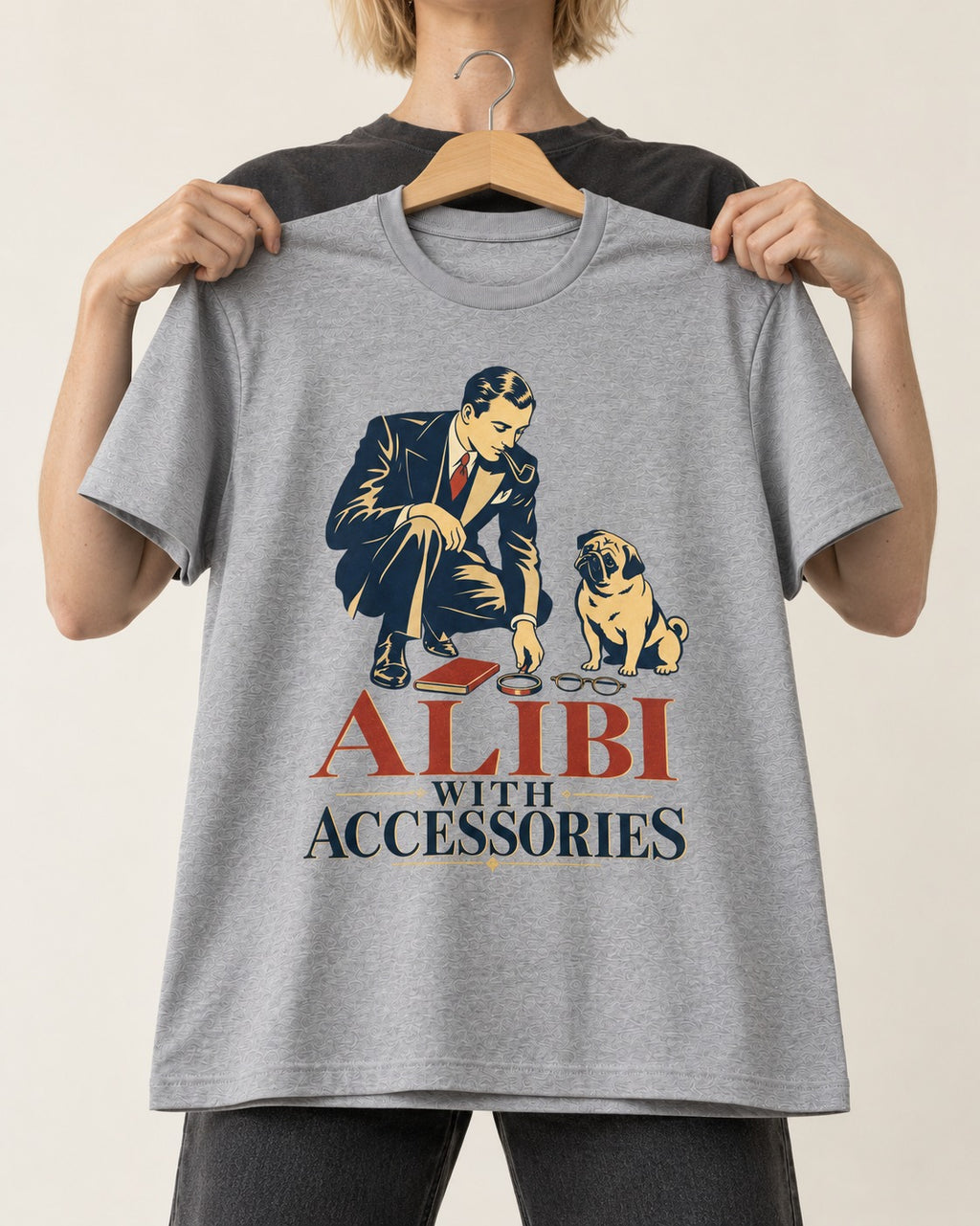 Pug Alibi with Accessories T-Shirt in Sport Grey, held up on a hanger