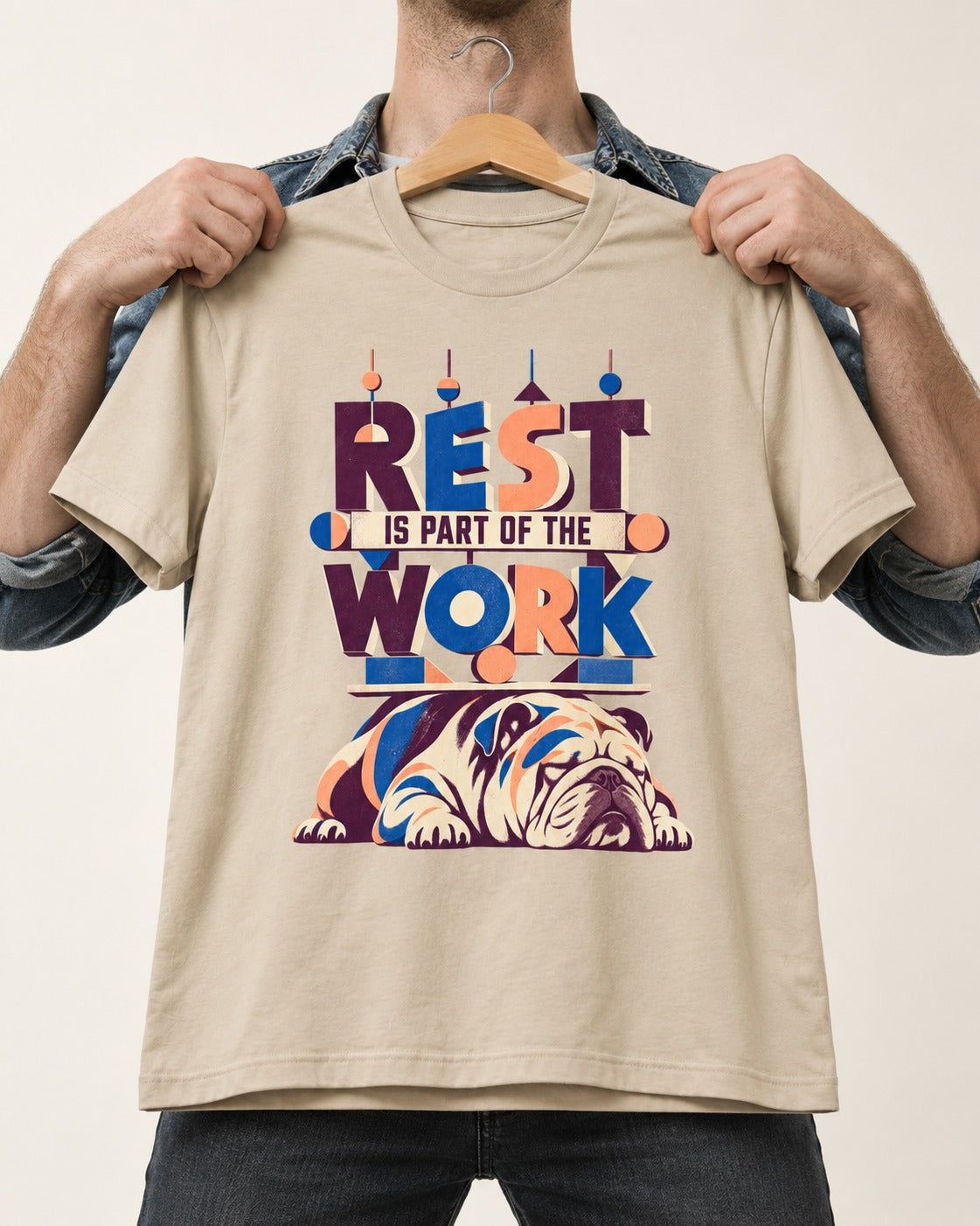Rest Is Work English Bulldog T-Shirt in Sand, held up on a hanger
