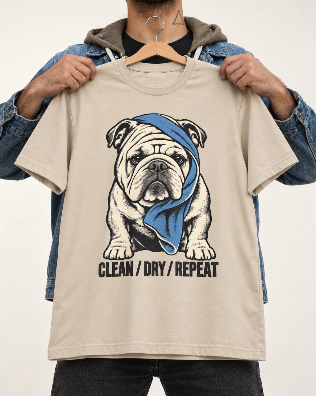 Clean Dry Repeat English Bulldog T-Shirt in Sand, held up on a hanger