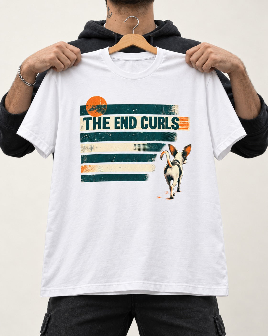 Chihuahua The End Curls Retro Stripe Graphic T-Shirt in White, held up on a hanger