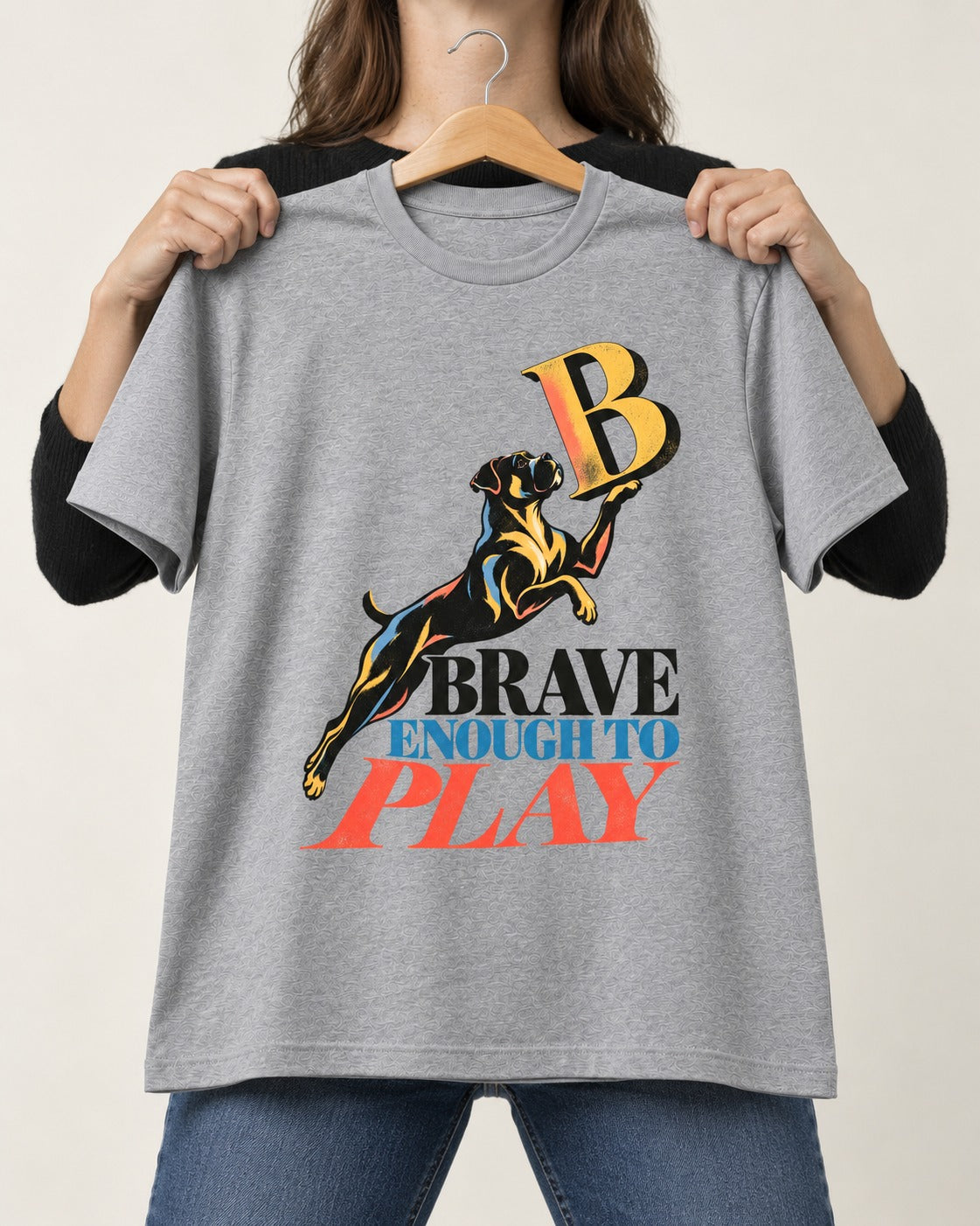 Boxer Brave Enough to Play T-Shirt in Sport Grey, held up on a hanger