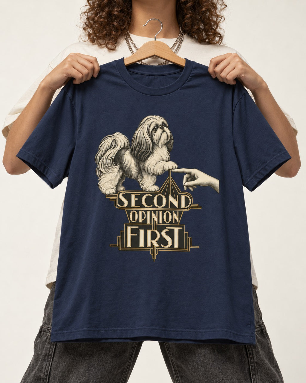 Shih Tzu Second Opinion First Art Deco Graphic T-Shirt in Navy, held up on a hanger
